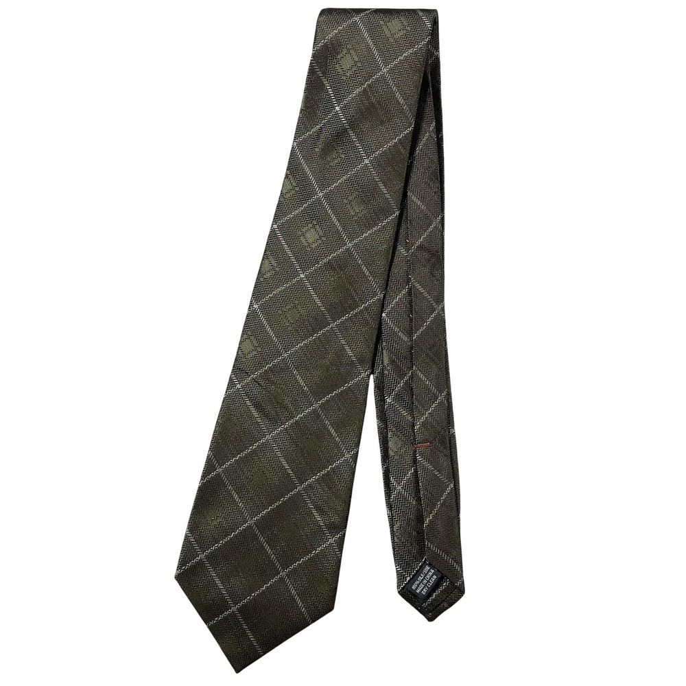 Saks Fifth Avenue Tie Mens One Size Green Plaid Classic Woven Silk Necktie
